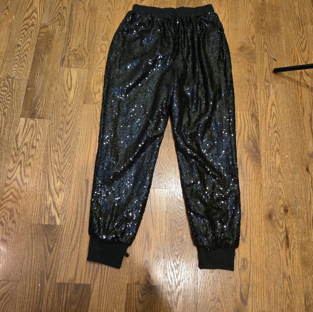 Boohoo Sequin Joggers Sz 10 Black NWT